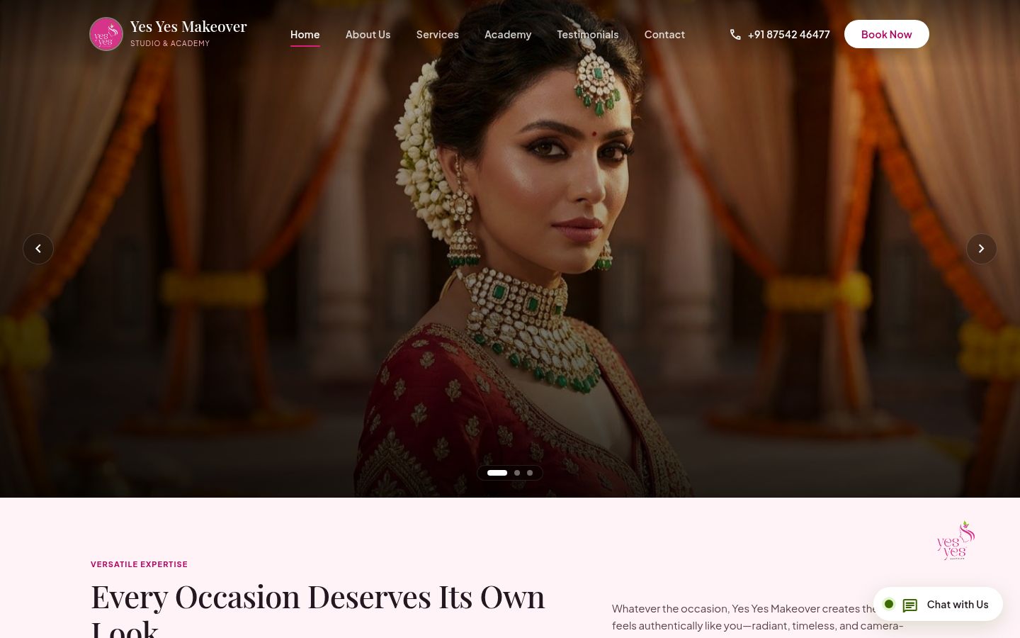 Yes Yes Makeover home page with a bridal portrait and booking